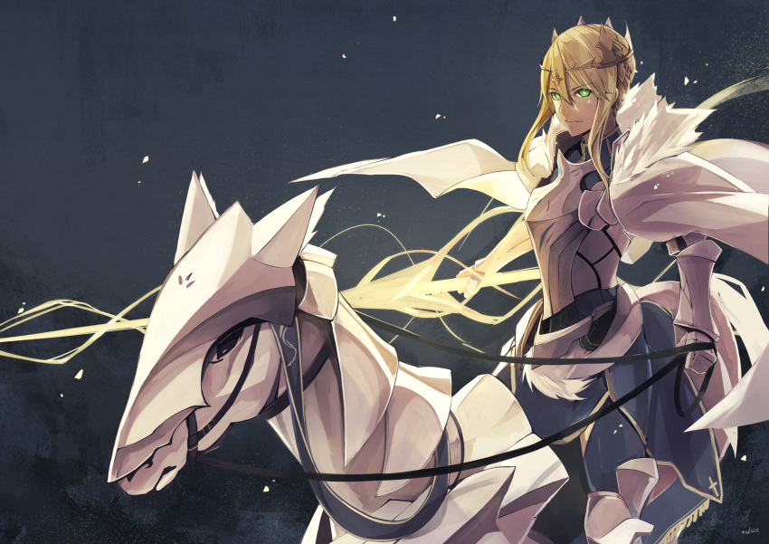 1girl armor artoria_pendragon_(all) artoria_pendragon_(lancer) blonde_hair braid bridle capelet cloak crown dun_stallion el_(egoistic_parade) fate/grand_order fate_(series) french_braid fur-trimmed_capelet fur_trim glowing glowing_eyes green_eyes hair_between_eyes highres horseback_riding looking_at_viewer rhongomyniad riding solo type-moon white_capelet