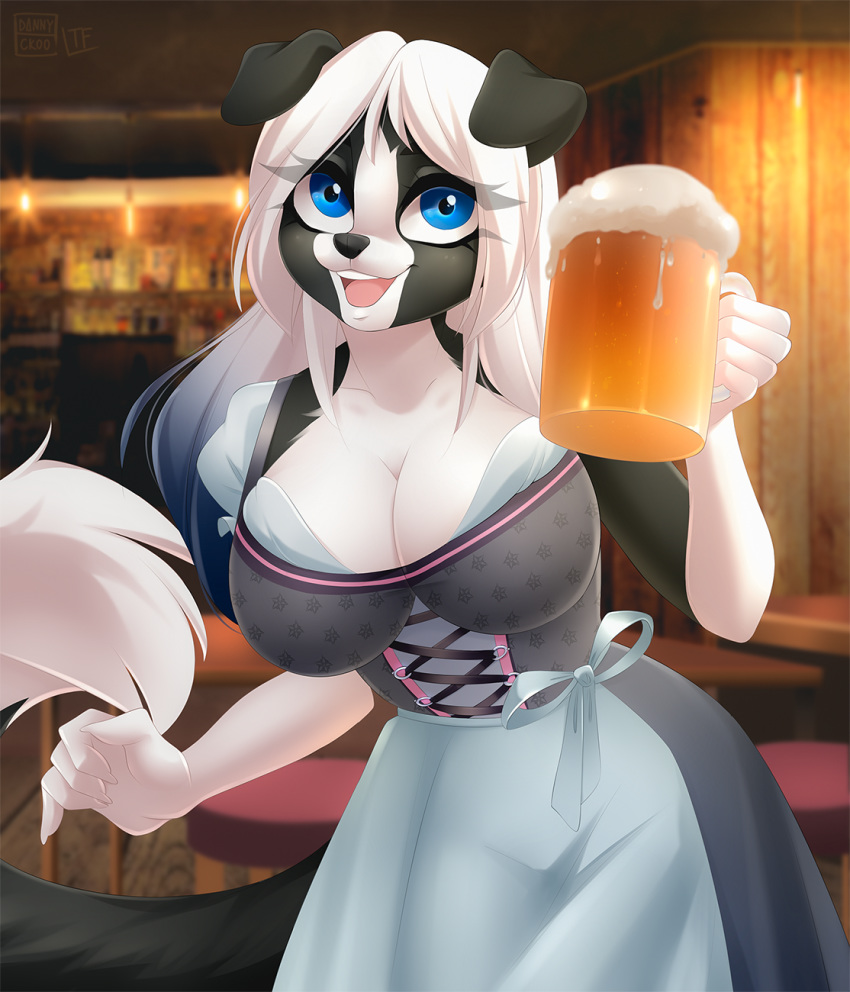 alcohol anthro bar barmaid beer beverage big_breasts black_body blue_eyes border_collie bow breasts canid canine canis cleavage clothed clothing collie cup dannyckoo domestic_dog dress drinking_glass female hair herding_dog hi_res lace looking_at_viewer mammal oktoberfest pastoral_dog sheepdog smile solo tresertf white_body white_hair