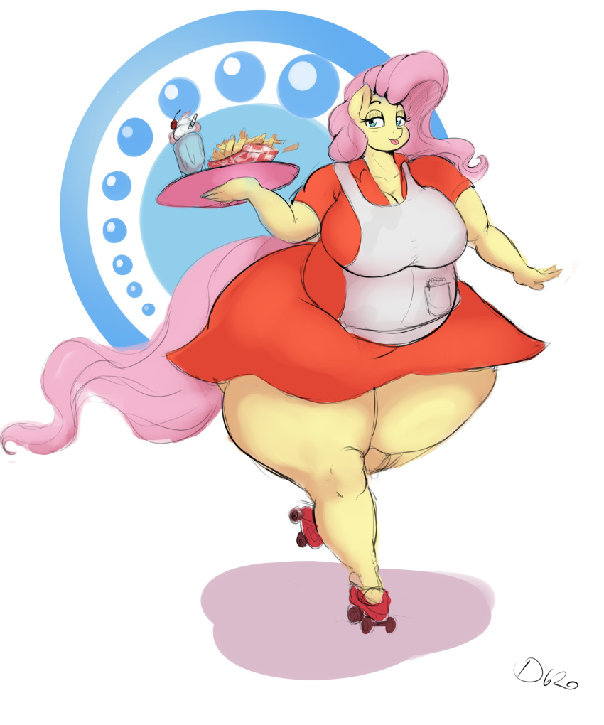 2020 absurd_res anthro apron belly big_breasts blue_eyes breasts carhop cleavage clothed clothing colored dress equid equine female fluttershy_(mlp) friendship_is_magic hi_res huge_hips huge_thighs looking_at_viewer mammal my_little_pony obese obese_female overweight overweight_female quad_skates rollerskates solo thelunarmoon thick_thighs tongue tongue_out waiter wide_hips
