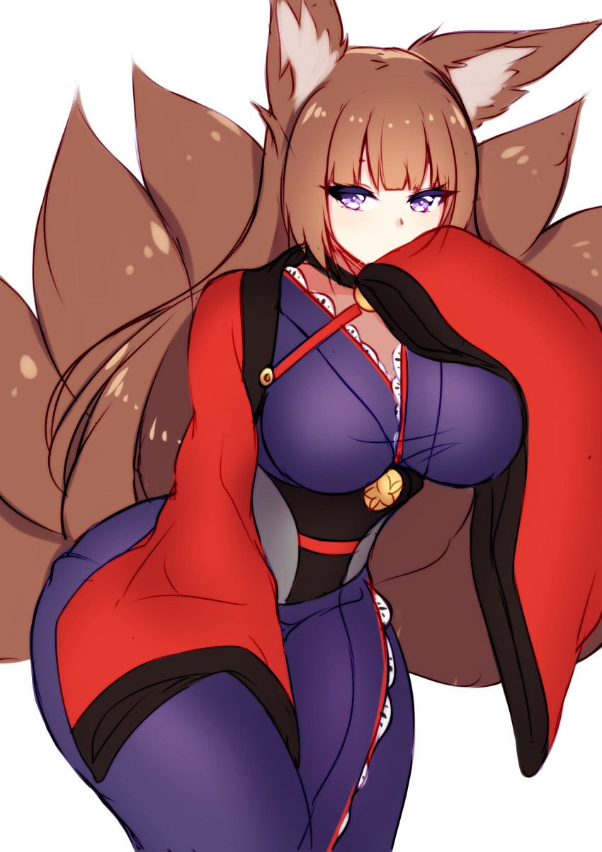 absurdres amagi_(azur_lane) animal_ears azur_lane bangs black_kimono blunt_bangs breasts brown_hair coat corset fox_ears fox_girl fox_tail hand_on_hip highres japanese_clothes kimono kitsune kuro_kitsune large_breasts long_hair multiple_tails purple_eyes red_coat sakuramon tail thick_thighs thighs wide_sleeves