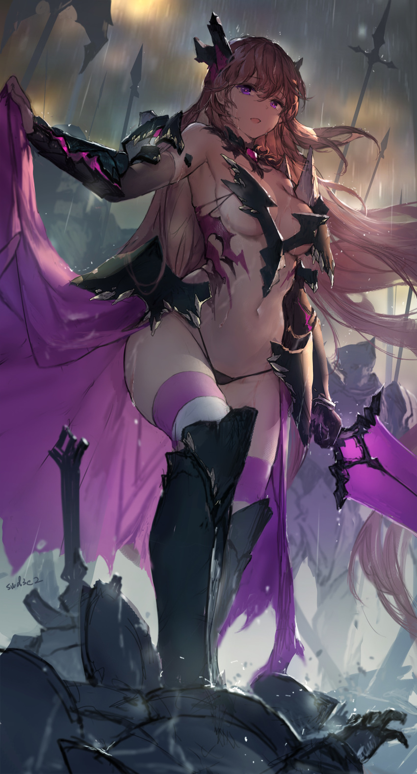 1girl :d absurdres arm_warmers armor armored_boots armpits bare_shoulders bikini_armor black_panties boots breasts brown_hair faulds highres holding horns knee_boots long_hair looking_at_viewer medium_breasts navel open_mouth panties planted_weapon purple_eyes rain revealing_clothes smile solo standing stomach string_panties swd3e2 sword thighhighs thighs underwear vambraces venus_blood very_long_hair waist_cape weapon white_legwear