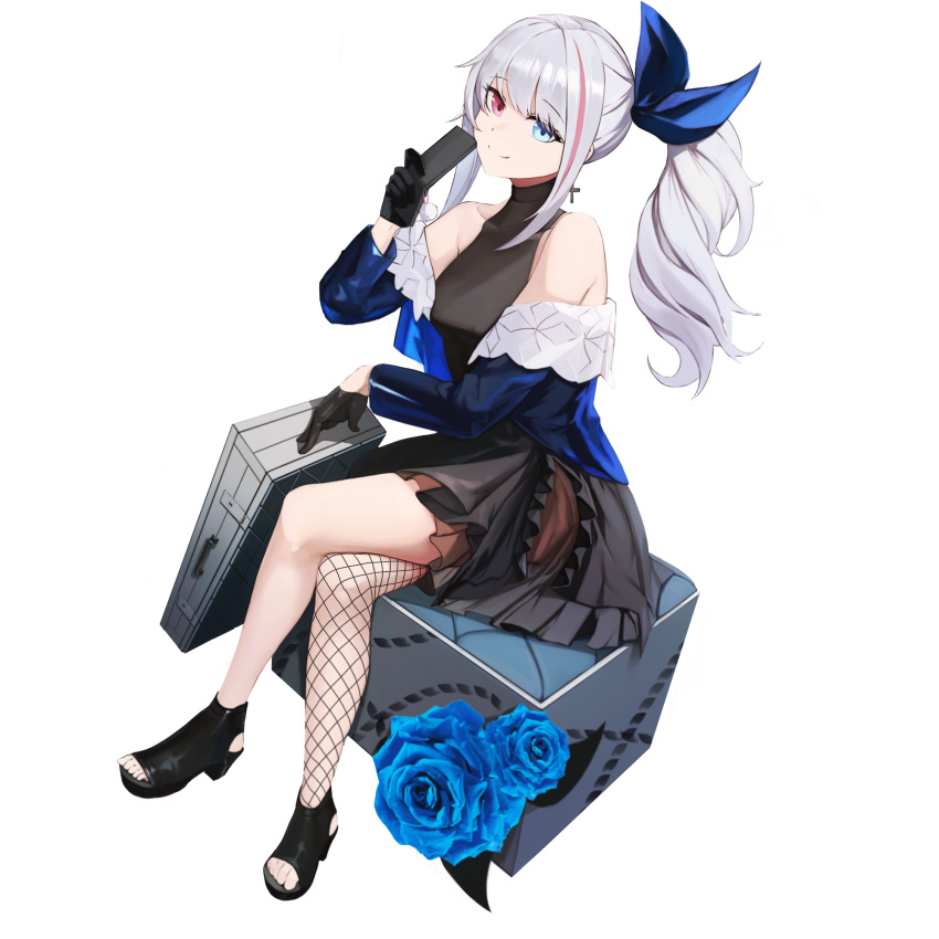 1girl anizi asymmetrical_legwear bangs bare_shoulders black_dress black_footwear black_gloves blue_bow blue_eyes bow breasts cellphone commentary_request cross cross_earrings dress earrings eyebrows_visible_through_hair fishnet_legwear fishnets flip_phone full_body girls_frontline gloves grey_hair hair_ornament heterochromia highres holding holding_phone jewelry long_hair looking_at_viewer mdr_(girls_frontline) multicolored_hair off_shoulder open_toe_shoes phone pink_eyes ponytail ribbon shoes sidelocks silver_hair single_thighhigh sitting smile solo streaked_hair thighhighs transparent_background