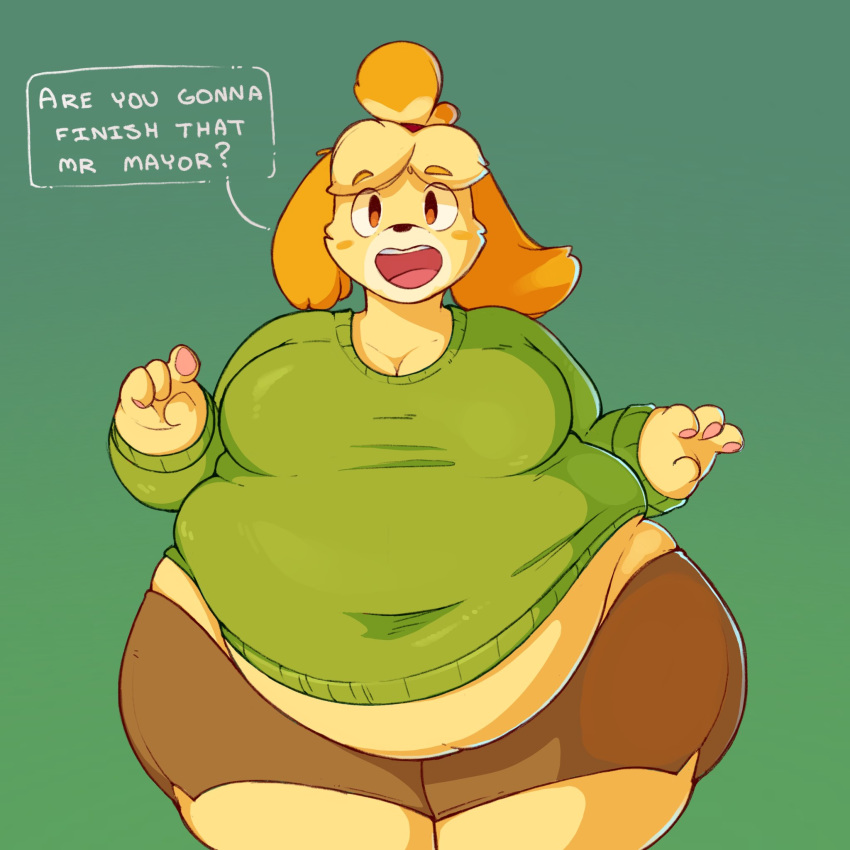 1:1 2019 animal_crossing anthro belly belly_overhang big_belly big_breasts bottomwear breasts canid canine canis cleavage clothed clothing dialogue domestic_dog english_text female fur hi_res isabelle_(animal_crossing) looking_at_viewer love_handles mammal morbidly_obese morbidly_obese_female nintendo obese obese_female offscreen_character overweight overweight_female portrait psydoux shih_tzu shorts simple_background solo standing sweater text thick_thighs three-quarter_portrait topwear toy_dog video_games weight_gain wide_hips yellow_body yellow_fur