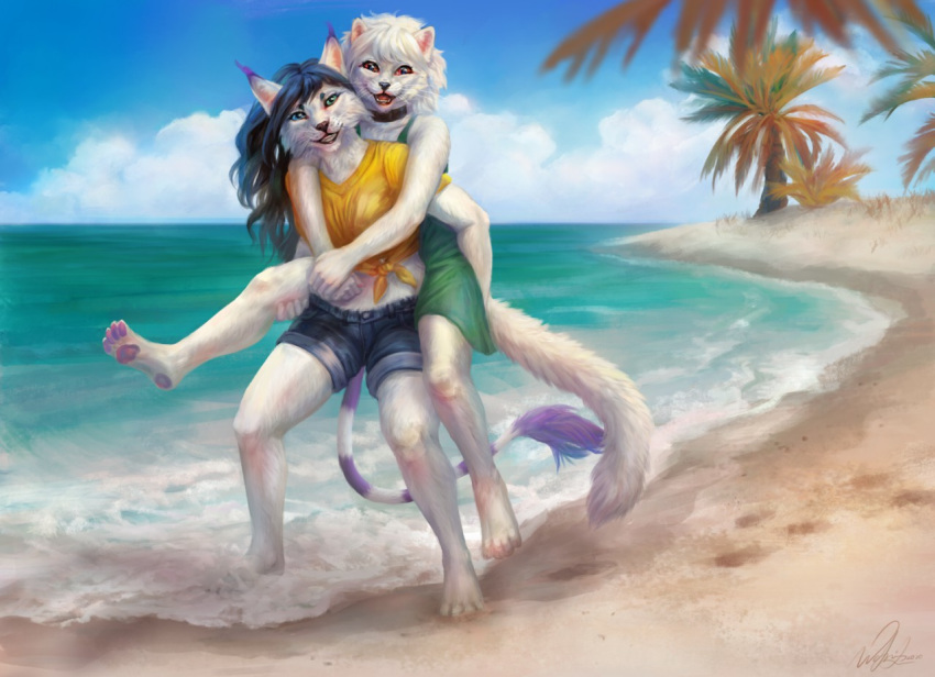 2020 4_toes 5_fingers anthro beach clothed clothing day detailed_background digital_media_(artwork) domestic_cat duo felid feline felis female fingers fur green_eyes hair mammal open_mouth outside sand seaside shoreline sky smile teeth toes tongue water white_body white_fur white_hair wolnir