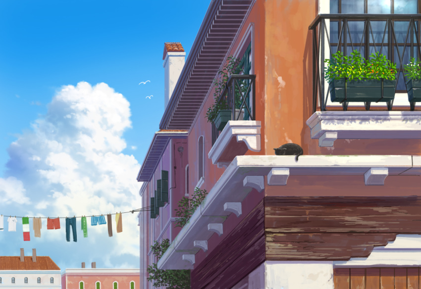 animal balcony bird building cat chimney clothesline cloud day highres no_humans original outdoors pei_(sumurai) plant potted_plant scenery sky window
