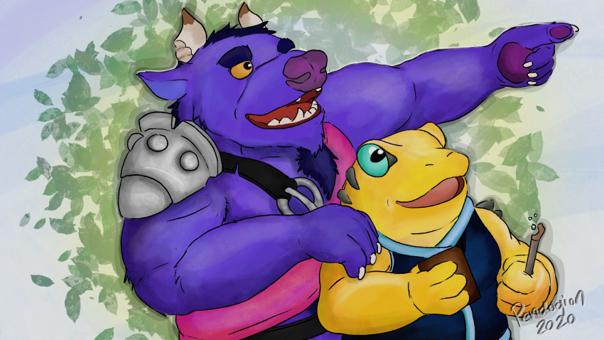 16:9 amphibian anthro bovid bovine cattle duo eyebrows frog fur hi_res horn killigan killigan's_treasure macsen male mammal musclegut pendogion purple_body purple_fur scales thick_eyebrows widescreen yellow_body yellow_scales