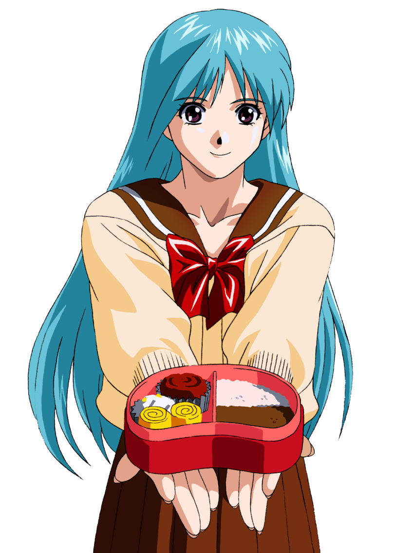 1990s_(style) 1girl blue_hair brown_skirt gift highres ikusawa_kyouko looking_at_viewer necktie obentou purple_eyes red_neckwear sailor_collar school_uniform skirt smile sweater yamada_masaki zenkoku_seifuku_bishoujo_grand_prix