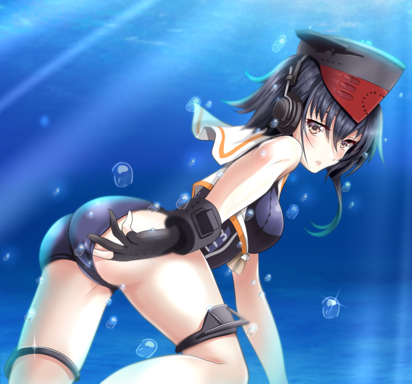 1girl adjusting_clothes adjusting_swimsuit ass asymmetrical_hair bangs black_gloves black_hair blue_swimsuit brown_eyes bubble framed_breasts from_behind gloves hair_between_eyes hat headphones highres i-13_(kantai_collection) kantai_collection looking_at_viewer looking_back one-piece_swimsuit partly_fingerless_gloves sailor_collar school_swimsuit short_hair single_glove solo swimsuit tk8d32 underwater