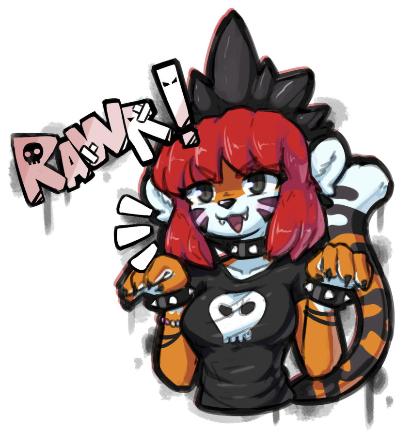 2019 anthro black_nose breasts clothing collar dialogue english_text facial_markings fangs felid female hair head_markings hi_res mammal markings pantherine red_hair shirt simple_background smile solo spiked_collar spikes text tiger topwear waffl3sk4t white_background