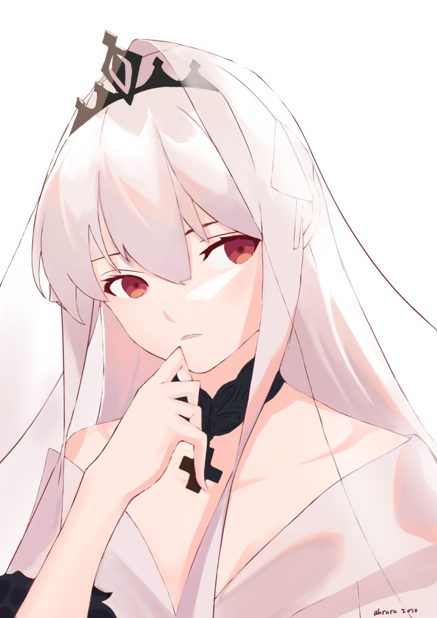 1girl ahrara braid bridal_veil clip_studio_paint_(medium) cross cross_necklace crown_braid dress finger_to_mouth girls_frontline hand_to_own_mouth highres jewelry kar98k_(girls_frontline) long_hair looking_at_viewer necklace red_eyes silver_hair solo_focus veil wedding_dress white_background white_hair