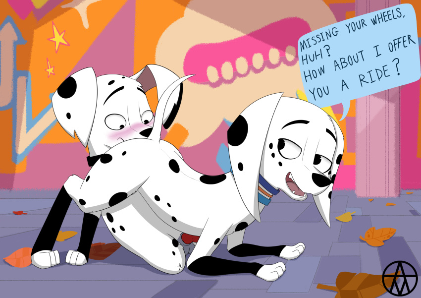 101_dalmatian_street 101_dalmatians 2019 absurd_res amputee animal_genitalia animal_penis balls blush brother butt canid canine canine_penis canis dalmatian delgado_(101_dalmatians) dialogue disability disney dolly_(101_dalmatians) domestic_dog duo english_text fangs female feral frommarstomercury genitals hi_res incest_(lore) leaf looking_back male mammal open_mouth penis semi_incest sibling sister speech_bubble teasing text tongue