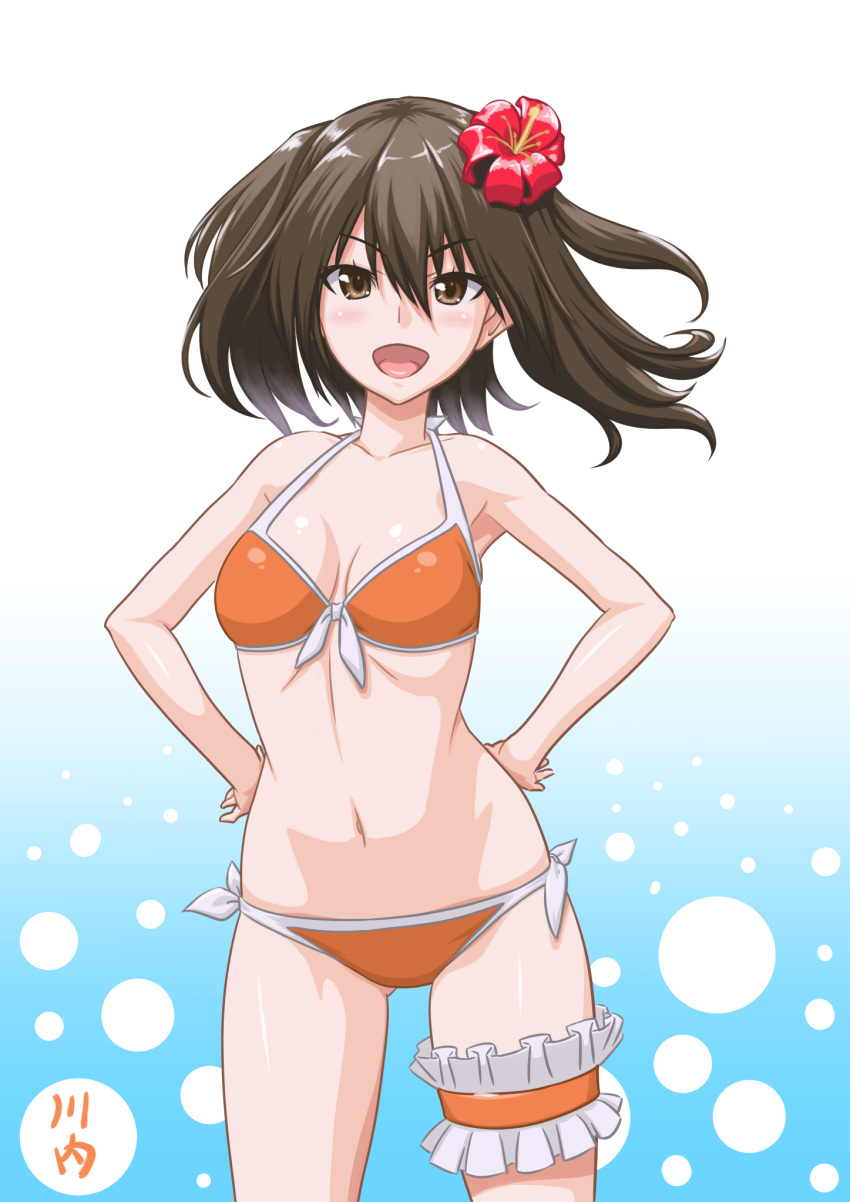 1girl bikini blue_background breasts brown_eyes brown_hair commentary_request cowboy_shot flower front-tie_top gradient gradient_background hair_flower hair_ornament hands_on_hips hibiscus highres kantai_collection leg_garter looking_at_viewer orange_bikini sendai_(kantai_collection) short_hair side-tie_bikini small_breasts solo standing swimsuit t2r two_side_up white_background