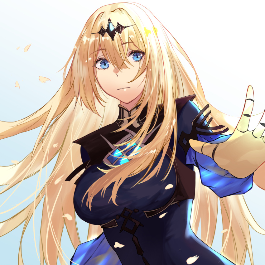 1girl blonde_hair blue_eyes bow breasts gloves hair_bow highres long_hair looking_at_viewer medium_breasts shadowverse simple_background solo stop talnory tetra_sapphire_rebel