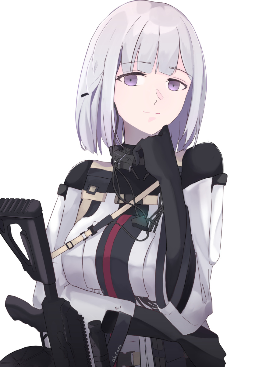 1girl ahrara black_gloves bodysuit breasts clip_studio_paint_(medium) girls_frontline gloves gun hand_on_head headphones highres looking_at_viewer military military_uniform purple_eyes rifle rpk-16 rpk-16_(girls_frontline) short_hair silver_hair smile solo strapless uniform weapon weapon_bag white_background