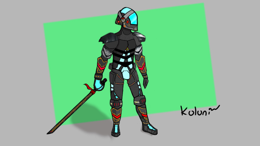 16:9 2020 armor clothed clothing cyber digital_drawing_(artwork) digital_media_(artwork) fingers futuristic futuristic_armor futuristic_suit futuristic_theme headgear helmet hi_res holding_object holding_weapon human koloni male mammal melee_weapon not_furry photobashing science_fiction signature simple_background solo sword weapon widescreen