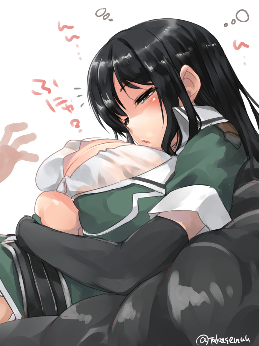 1girl arms_under_breasts bangs black_eyes black_gloves black_hair breast_hold breast_pillow breasts chikuma_(kantai_collection) cleavage crossed_arms elbow_gloves gloves highres kantai_collection large_breasts long_hair open_mouth remodel_(kantai_collection) simple_background single_elbow_glove single_glove sleepy solo_focus takase_muu twitter_username waking_up white_background