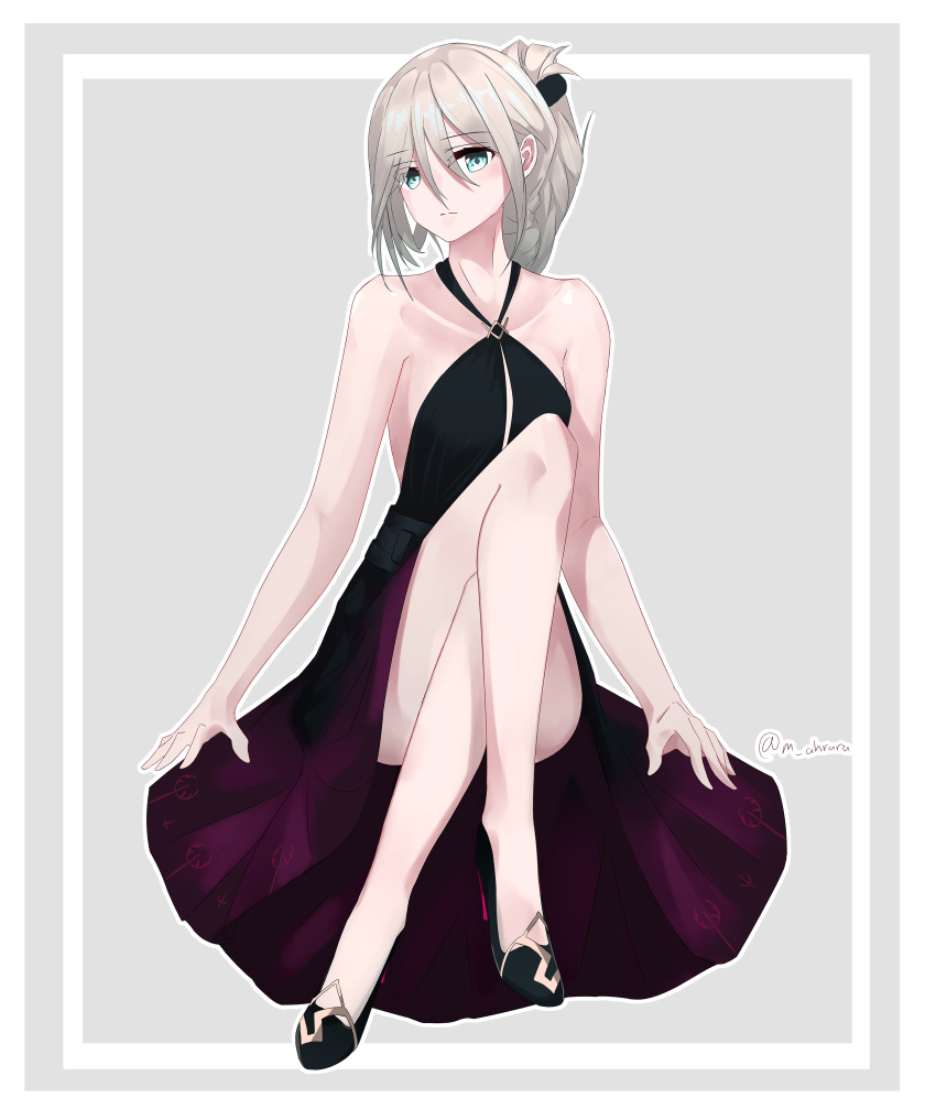 1girl absurdres ahrara an-94_(girls_frontline) artist_name bare_shoulders black_dress black_footwear blonde_hair blush breasts clip_studio_paint_(medium) collarbone crossed_legs dress eyebrows_visible_through_hair girls_frontline green_eyes hair_between_eyes hair_ornament hair_ribbon highres long_hair looking_at_viewer ribbon shoes sitting small_breasts solo