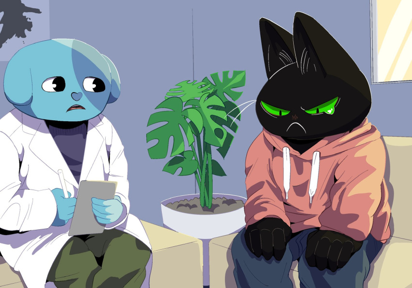 anthro black_body black_fur blue_body blue_fur bodily_fluids canid canine canis cartoon_network clothing crying domestic_cat domestic_dog duo felid feline felis fur green_eyes hi_res hoodie male mammal mao_mao:_heroes_of_pure_heart ol'_blue sheriff_mao_mao_mao tears therapist therapy topwear vetiver_n