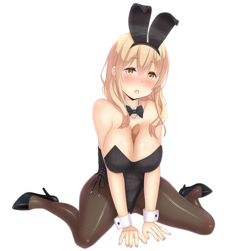 1girl absurdres animal_ears between_breasts black_legwear black_leotard black_neckwear blonde_hair bow bowtie breasts bunny_ears bunny_girl bunnysuit commentary_request detached_collar fishnet_legwear fishnets highres large_breasts leotard long_hair looking_at_viewer pantyhose sainohikari sexually_suggestive simple_background sitting solo sunohara_ayaka sunoharasou_no_kanrinin-san wariza white_background wrist_cuffs