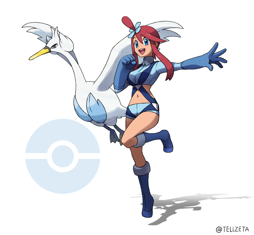 1girl :d absurdres artist_name bangs blue_eyes blue_footwear blue_gloves boots breasts clenched_hand commentary_request full_body fuuro_(pokemon) gen_5_pokemon gloves gym_leader hair_between_eyes hair_ornament highres long_hair looking_at_viewer navel open_mouth outstretched_arm poke_ball_symbol pokemon pokemon_(creature) pokemon_(game) pokemon_bw red_hair shorts sidelocks smile spread_fingers swanna teeth teru_zeta tongue upper_teeth watermark white_background