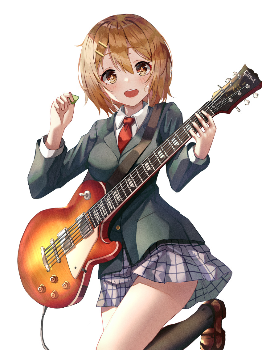 1girl absurdres black_legwear blazer blush brown_eyes brown_hair eyebrows_visible_through_hair guitar hair_ornament hairclip highres hirasawa_yui instrument jacket k-on! kerno les_paul loafers necktie plaid plaid_skirt pleated_skirt plectrum red_neckwear sakuragaoka_high_school_uniform school_uniform shoes short_hair skirt smile socks solo white_background