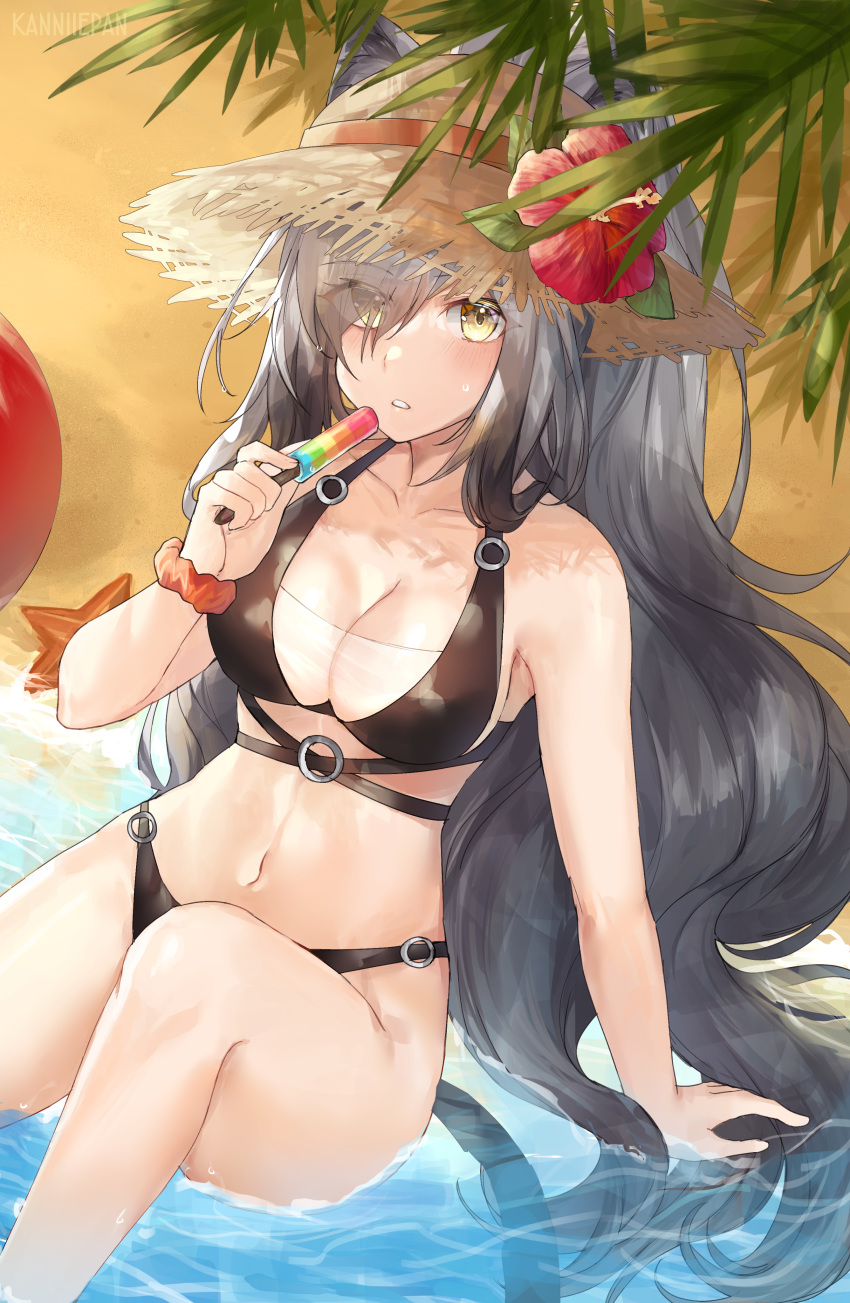 1girl absurdres animal_ears arknights arm_support bangs bare_arms bare_shoulders beach bikini black_bikini blush breasts cat_ears cat_tail cleavage collarbone commentary ears_through_headwear eyebrows_visible_through_hair feet_out_of_frame flower food hair_over_one_eye hand_up hat hat_flower hibiscus highres holding holding_food kanniepan large_breasts long_hair looking_at_viewer navel parted_lips popsicle red_flower schwarz_(arknights) scrunchie silver_hair sitting solo starfish stomach sun_hat swimsuit tail thighs very_long_hair water wrist_scrunchie yellow_eyes