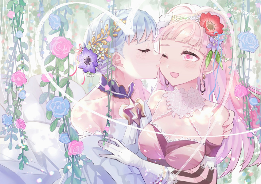 2girls artist_name blue_hair braid breasts bride cheek_kiss cleavage closed_eyes closed_mouth crown_braid dress earrings fire_emblem fire_emblem:_three_houses flower from_side gloves hair_flower hair_ornament highres hilda_valentine_goneril jewelry kiss long_hair marianne_von_edmund multiple_girls one_eye_closed open_mouth pink_eyes pink_hair ponytail sakuramotikun upper_body wedding_dress white_gloves yuri