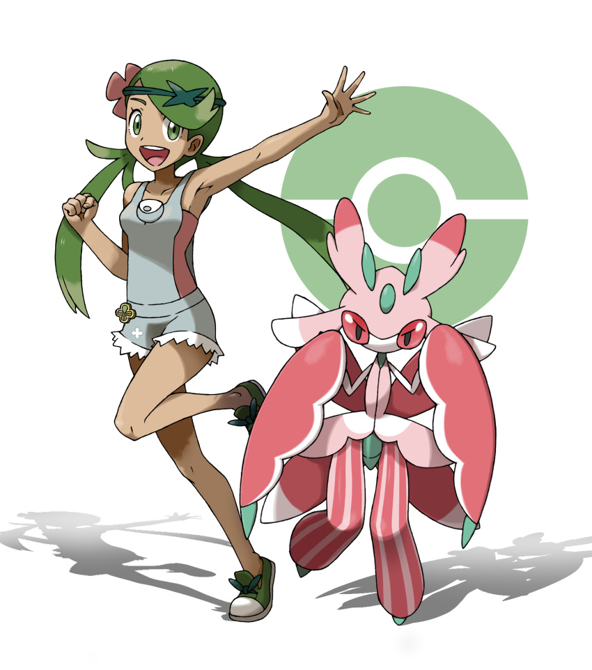 1girl :d arm_up armpits bangs clenched_hand collarbone commentary_request flower gen_7_pokemon green_eyes green_footwear green_hair hair_flower hair_ornament highres long_hair looking_at_viewer lurantis mao_(pokemon) open_mouth poke_ball_symbol pokemon pokemon_(creature) pokemon_(game) pokemon_sm shoes smile spread_fingers standing standing_on_one_leg swept_bangs teeth teru_zeta tongue trial_captain twintails upper_teeth white_background