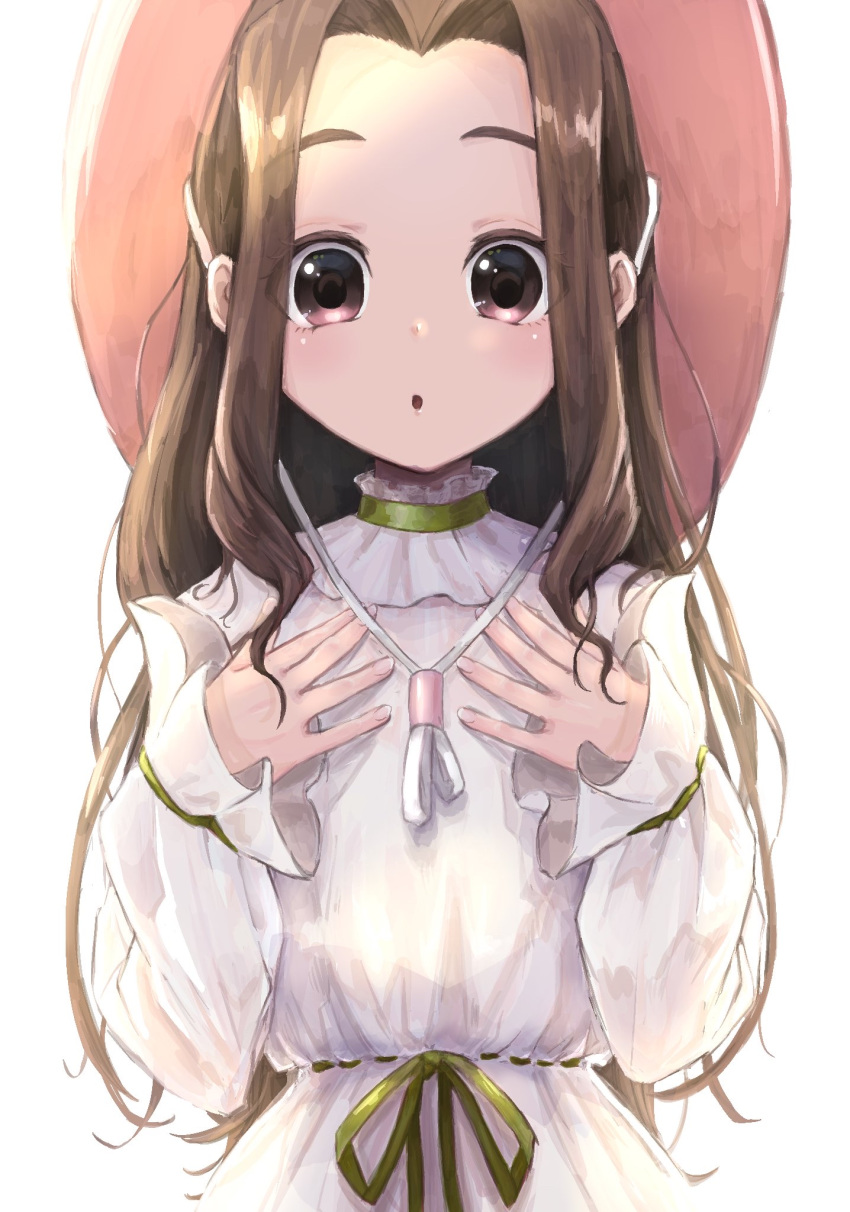 1girl :o blush brown_eyes brown_hair degi0833 digimon digimon_adventure digimon_adventure_tri. hat highres long_hair looking_at_viewer simple_background solo tachikawa_mimi white_background