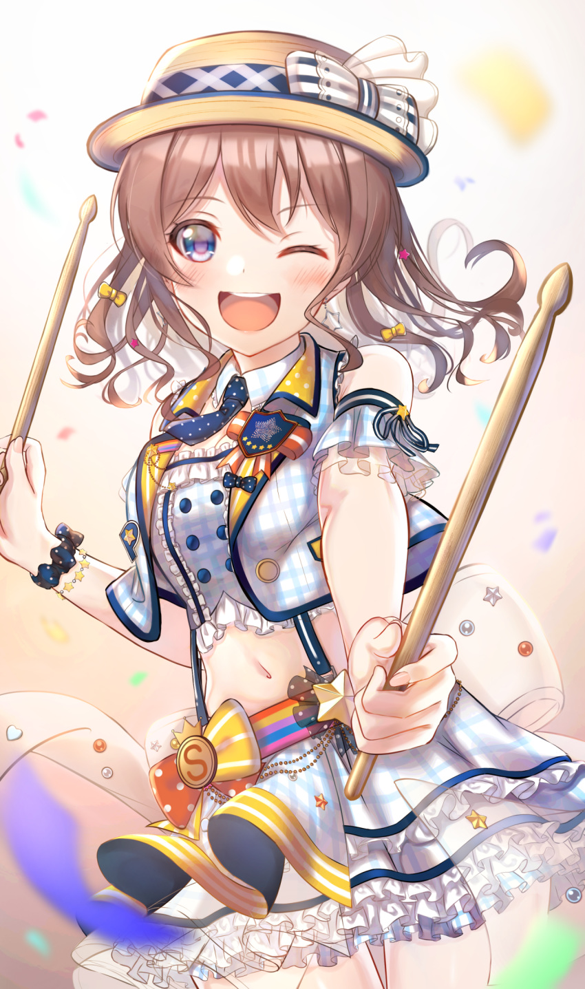 1girl ;d arm_cuffs back_bow badge bang_dream! bangs bare_shoulders blue_eyes blue_neckwear blue_shirt blue_vest blurry blurry_background blurry_foreground blush bow breasts brown_hair brown_headwear commentary_request confetti cowboy_shot crop_top detached_collar earrings eyebrows_visible_through_hair frilled_skirt frills gohan_(lupina1023) hair_between_eyes hair_down hair_ornament hair_ribbon hat hat_bow highres holding_drumsticks jewelry long_hair looking_at_viewer medium_breasts midriff navel necktie one_eye_closed open_clothes open_mouth open_vest plaid plaid_skirt plaid_vest polka_dot_neckwear ribbon scrunchie shirt short_necktie sidelocks simple_background skirt smile solo standing star_(symbol) star_earrings star_hair_ornament suspender_skirt suspenders thigh_gap upper_teeth vest waist_bow white_background wrist_scrunchie yamabuki_saaya yellow_ribbon