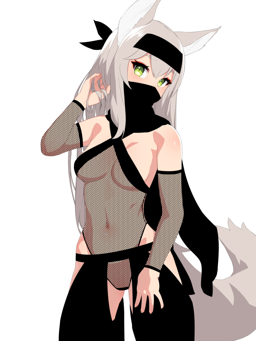 animal_ears black_headband black_scarf blush breasts chaps cowboy_shot detached_sleeves eyebrows_visible_through_hair fishnet_armwear fishnets fox_ears fox_tail green_eyes grey_hair hand_in_hair hand_up head_tilt headband highres legs_apart long_hair looking_at_viewer medium_breasts nezuko ninja original scarf simple_background slit_pupils solo standing tagme tail