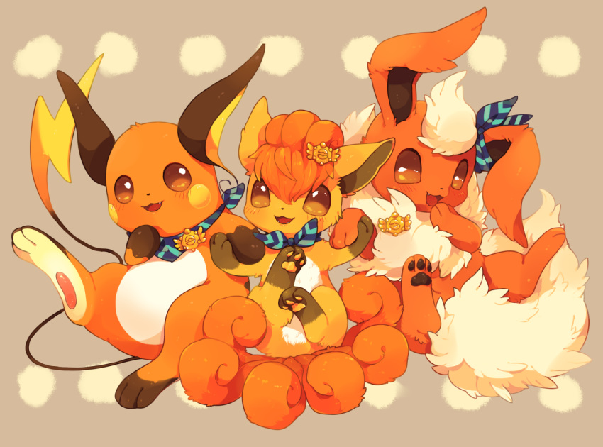 2015 4deko accessory ambiguous_gender black_inner_ear black_pawpads blush brown_body brown_fur canid canine eeveelution fangs feral flareon floppy_ears fluffy fluffy_tail fur hair hair_accessory hand_holding long_tail mammal multi_tail nintendo orange_body orange_eyes orange_fur orange_hair orange_pawpads pawpads pok&eacute;mon pok&eacute;mon_(species) raichu ribbons rodent smile toes tuft video_games vulpix yellow_body yellow_fur yellow_inner_ear yellow_pawpads