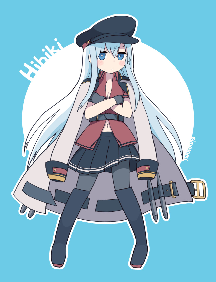 1girl bangs belt black_belt black_footwear black_gloves black_headwear black_skirt blue_eyes blush boots breasts character_name cleavage coat commentary cosplay crossed_arms full_body gangut_(kantai_collection) gangut_(kantai_collection)_(cosplay) gloves grey_legwear hat hibiki_(kantai_collection) highres jacket_on_shoulders kantai_collection long_hair pantyhose pleated_skirt red_shirt shirt short_sleeves signature silver_hair simoyuki simple_background skirt solo two-tone_background