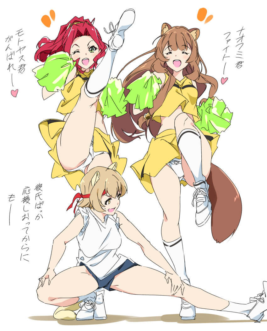 3girls animal_ear_fluff animal_ears bangs blonde_hair blush breasts brown_hair cheerleader clip_studio_paint_(medium) closed_eyes eyebrows_visible_through_hair ganbare_ganbare_(itou_life) graphite_(medium) green_eyes hair_ornament headband highres long_hair looking_at_viewer malty_s_melromarc mechanical_pencil multiple_girls open_mouth panties pantyshot pencil pink_eyes raccoon_ears raccoon_girl raccoon_tail raphtalia red_hair rifana short_hair skirt smile socks tail tate_no_yuusha_no_nariagari traditional_media umanosuke underwear upskirt very_long_hair