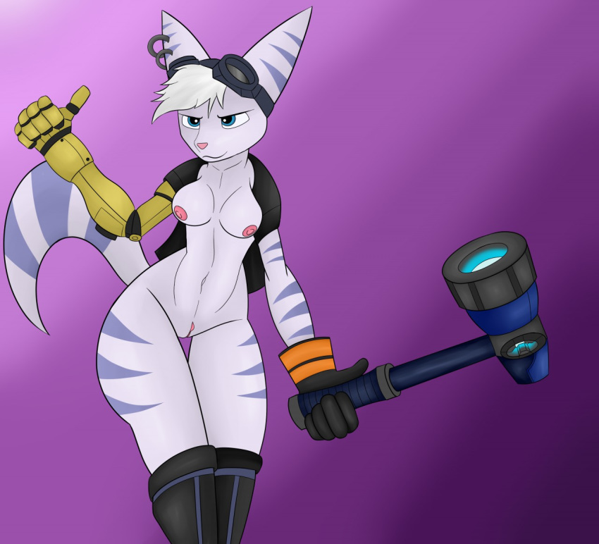 anthro big_ears clothing ear_piercing eyewear female gesture gloves goggles goggles_on_head hammer handwear lombax mammal piercing prosthetic prosthetic_arm prosthetic_limb ratchet_and_clank rift_apart_lombax robotic_arm rorrek solo stripes thumbs_up tools video_games weapon