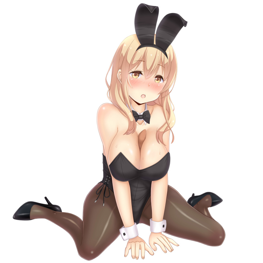 1girl absurdres animal_ears between_breasts black_legwear black_leotard black_neckwear blonde_hair bow bowtie breasts bunny_ears bunny_girl bunnysuit detached_collar highres large_breasts leotard long_hair looking_at_viewer pantyhose sainohikari sexually_suggestive simple_background sitting solo sunohara_ayaka sunoharasou_no_kanrinin-san wariza white_background wrist_cuffs