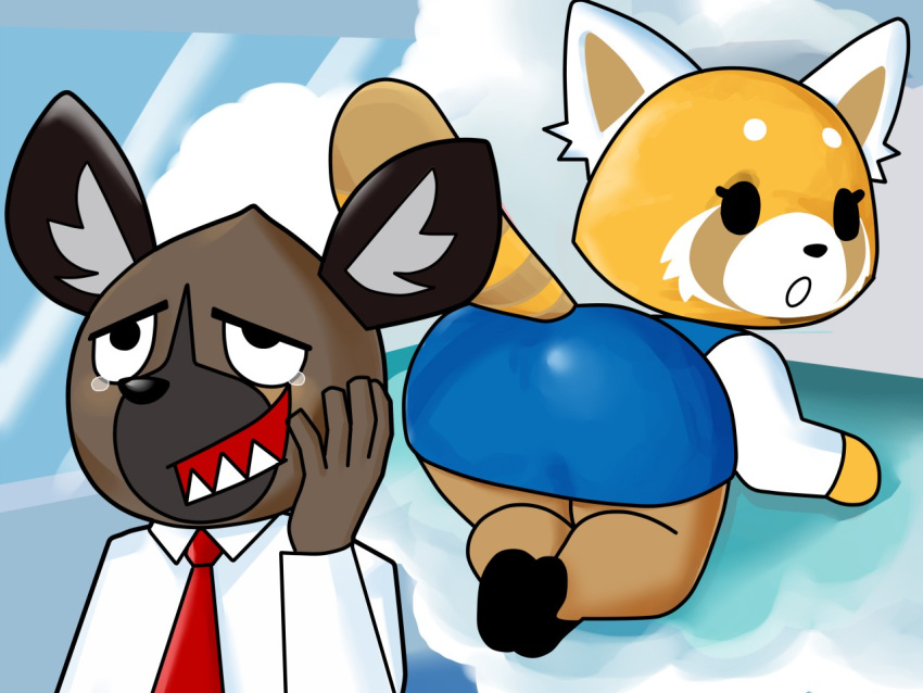 2020 4:3 aerth aggressive_retsuko ailurid anthro big_butt bodily_fluids brown_body brown_fur butt canid canine clothed clothing daydream duo female fur haida hand_on_face hyaenid kneeling looking_at_viewer male mammal open_mouth orange_body orange_fur presenting presenting_hindquarters red_panda retsuko sanrio spotted_hyena tears teeth thick_thighs thinking wide_hips