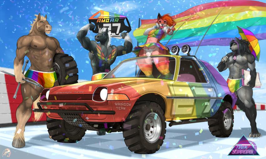 amc_pacer anthro balls_outline black_body black_hair bottomwear bulge canid canine canis car claws clothed clothing equid equine fox genital_outline gesture hair hi_res holding_object hooves horn horse legwear lgbt_pride lips male mammal multicolored_bottomwear multicolored_clothing multicolored_legwear multicolored_skirt multicolored_topwear multicolored_underwear muscular muscular_male nipples pointing pointing_at_viewer pride_colors rainbow_bottomwear rainbow_clothing rainbow_flag rainbow_legwear rainbow_skirt rainbow_symbol rainbow_topwear rainbow_umbrella rainbow_underwear skirt thick_lips tire toe_claws topwear underwear unicorn unicorn_horn vehicle wolf zorro_re zorro_re_(character)