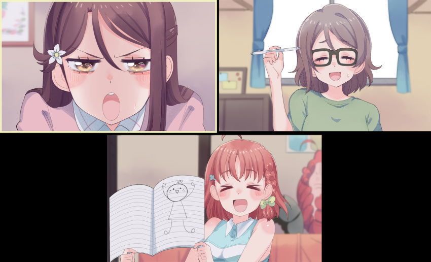 &gt;_&lt; angry antenna_hair bedroom blue_shirt blurry blurry_background blush book bow brown_hair closed_eyes clover_hair_ornament collared_shirt commentary cream_(nipakupa) drawing flower four-leaf_clover_hair_ornament glasses green_bow green_shirt hair_flower hair_ornament highres holding holding_book love_live! love_live!_sunshine!! orange_hair pen pink_sweater red_hair sakurauchi_riko shirt sketchbook sleeveless sleeveless_shirt striped striped_shirt sweatdrop sweater takami_chika video_call watanabe_you yellow_eyes