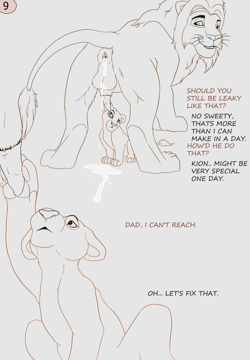 absurd_res animal_genitalia anus bad_parenting balls bodily_fluids butt comic cum cum_drip cum_in_ass cum_inside dialogue digital_media_(artwork) disney dripping duo english_text erection fathers_day felid female feral feral_on_feral genital_fluids genitals handjob hi_res incest_(lore) kion liara lion male male/female mammal nala nude pantherine parent parent_and_child penile penis quadruped satabi sex simba soulgryph text the_lion_guard the_lion_king young