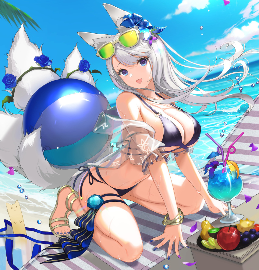 1girl :d absurdres animal_ear_fluff animal_ears apple bag ball bangle bare_shoulders beach beachball bikini black_bikini blue_eyes blue_hawaii bracelet breasts chair cleavage cloud day drinking_straw dutch_angle eyewear_on_head flower food fox_ears fox_tail fruit grapes hair_flower hair_ornament highres hurricane_glass jewelry kitsune large_breasts long_hair looking_at_viewer lounge_chair mango multi-strapped_bikini multiple_tails nail_polish nanam_(nanam_sk) navel o-ring o-ring_bikini ocean off_shoulder open_clothes open_mouth original outdoors palm_tree petals rose sandals see-through side-tie_bikini silver_hair sky smile solo stomach strap_gap sunglasses sunlight swimsuit tail thigh_strap thighs toenail_polish tree tropical_drink water wet