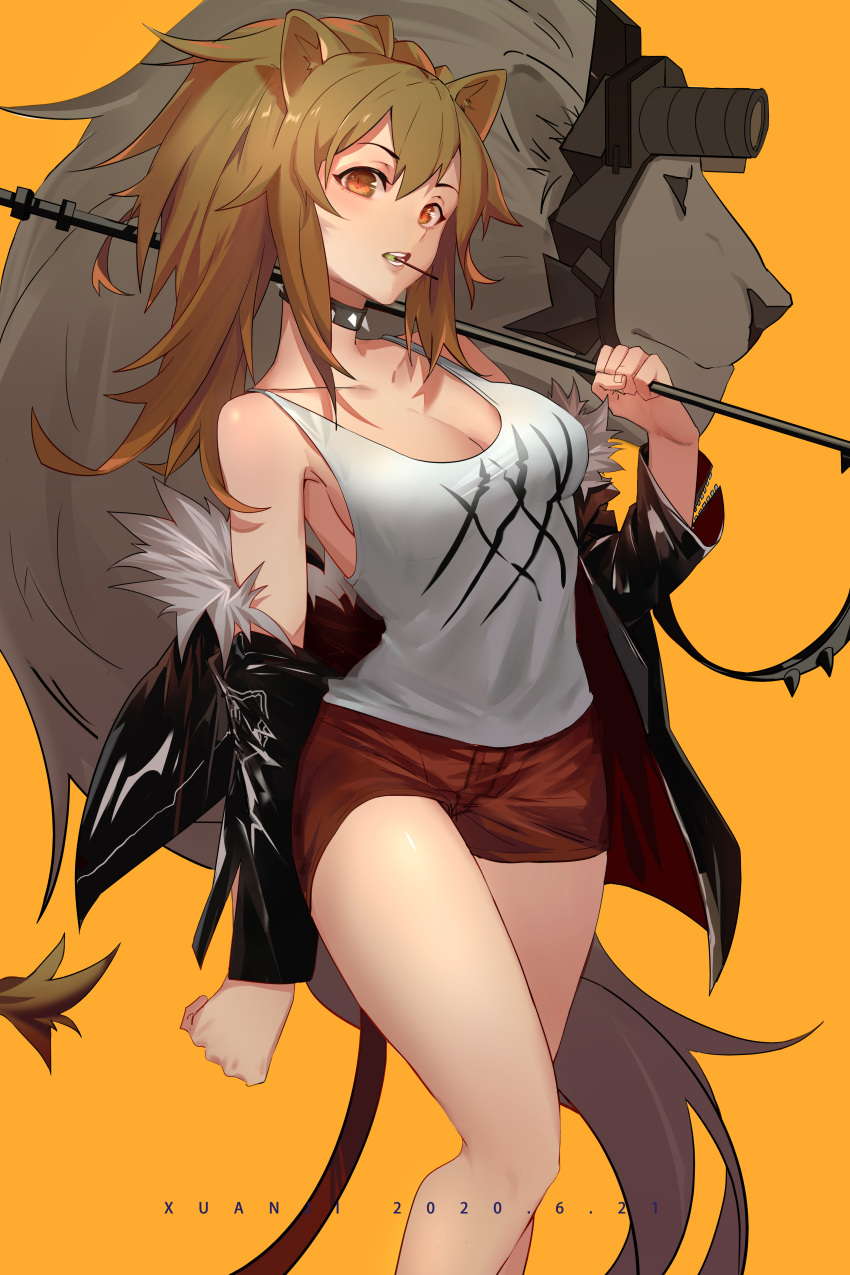 1girl absurdres animal_ears arknights artist_name bangs bare_shoulders black_collar black_jacket breasts brown_hair chinese_commentary cleavage collar collarbone commentary_request dated feet_out_of_frame fur-trimmed_jacket fur_trim hair_between_eyes hand_up highres holding jacket lion lion_ears lion_tail long_hair long_sleeves looking_at_viewer medium_breasts off_shoulder open_clothes open_jacket open_mouth orange_background orange_eyes partial_commentary red_shorts short_shorts shorts siege_(arknights) simple_background spiked_collar spikes standing tail tank_top thighs white_tank_top xuanji