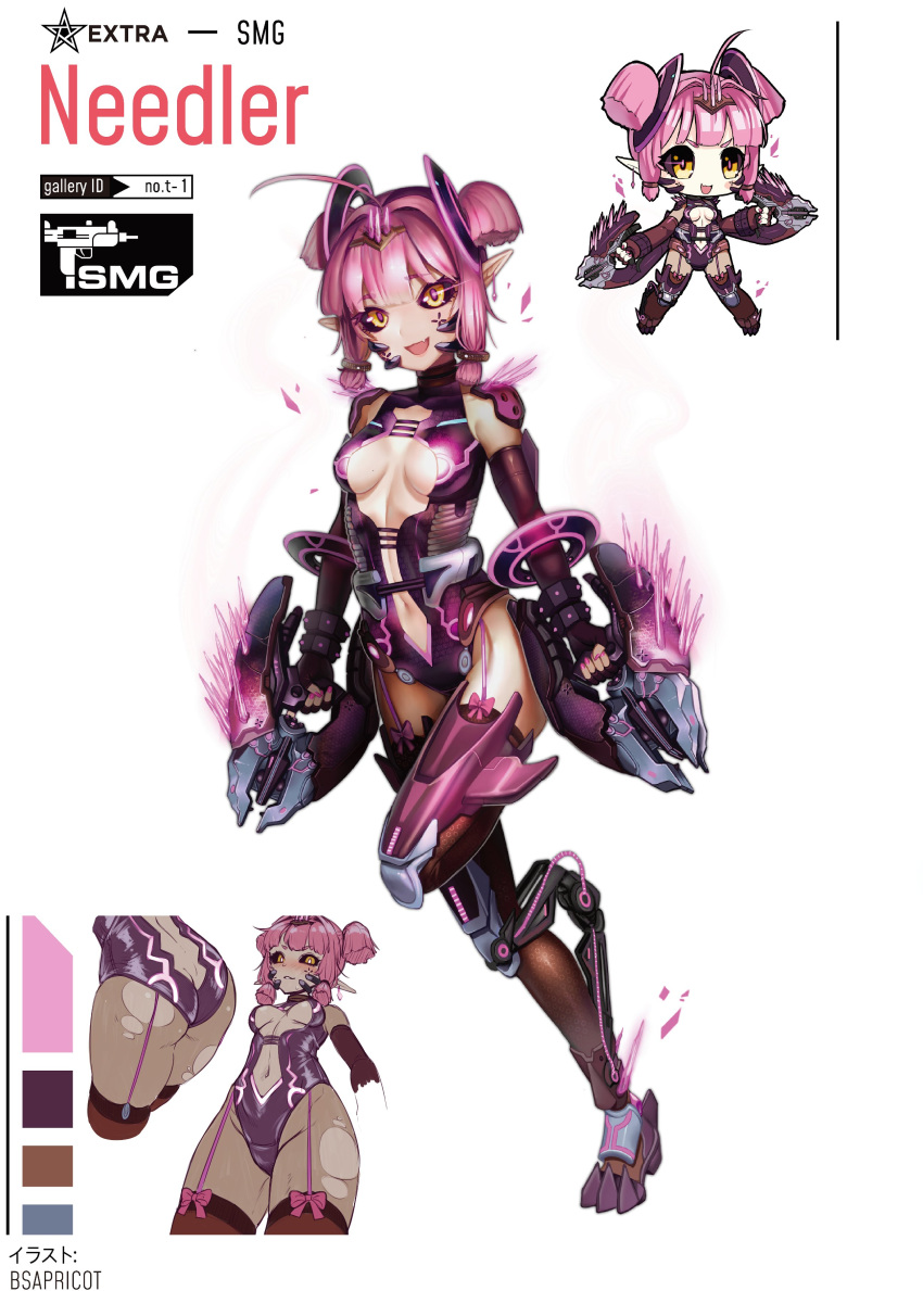 1girl absurdres ahoge ass bangs black_sclera blunt_bangs blunt_ends blush breasts chibi cleavage collarbone danielle_brindle earrings elbow_gloves english_text eyebrows_visible_through_hair fang fingerless_gloves full_body girls_frontline gloves gun hair_between_eyes halo_(game) highres holding holding_gun holding_weapon jewelry leotard looking_at_viewer multiple_views nail_polish navel open_mouth original palette pink_hair pointy_ears prosthesis prosthetic_leg short_hair simple_background sleeveless small_breasts standing thighhighs torn_clothes twintails weapon white_background yellow_eyes