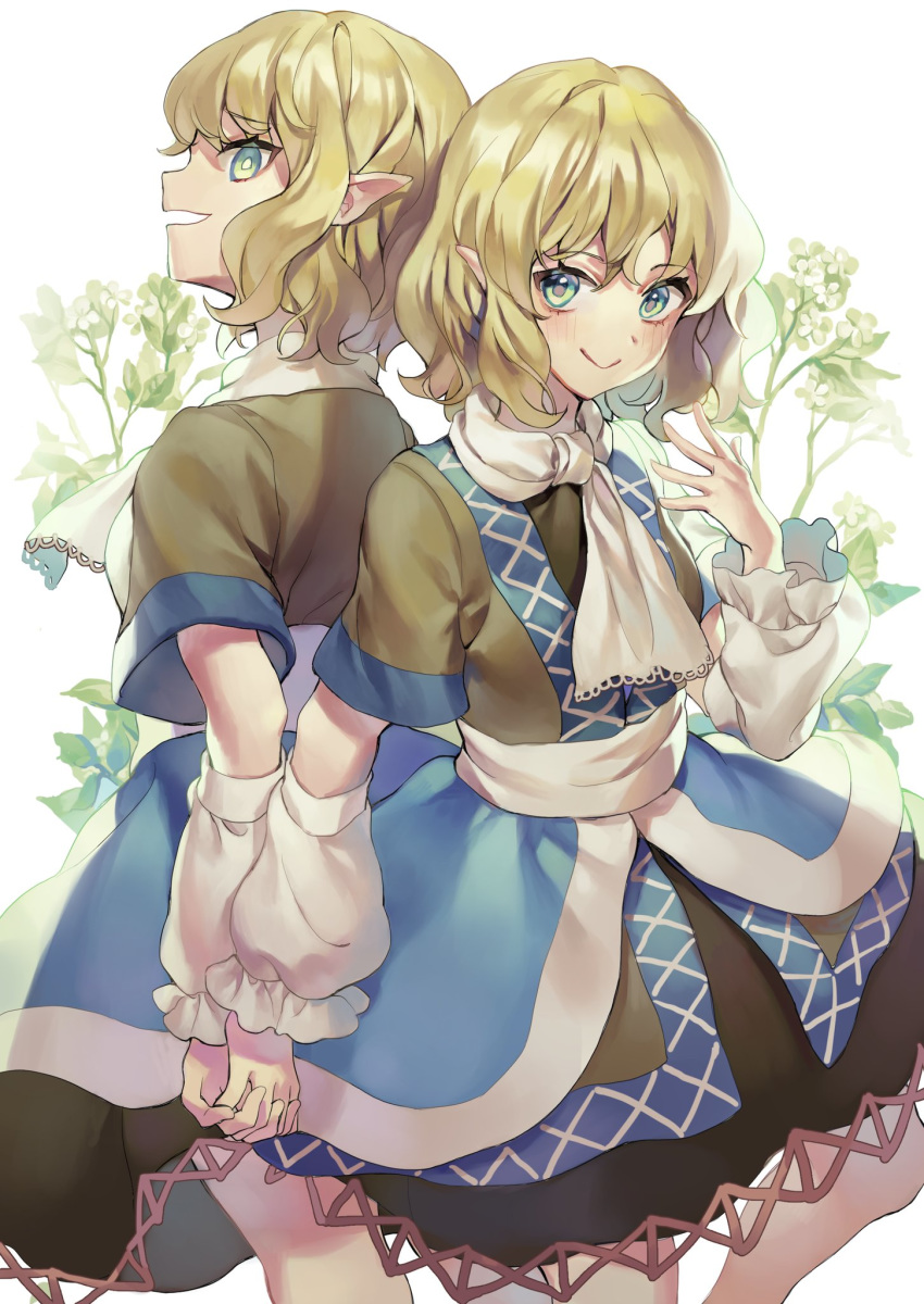 2girls arm_warmers bangs blonde_hair blush brown_dress doppelganger dress evil_smile flower green_eyes hand_up hands_together highres looking_at_viewer misha_(hoongju) mizuhashi_parsee multiple_girls pointy_ears sash scarf smile touhou wavy_hair white_background