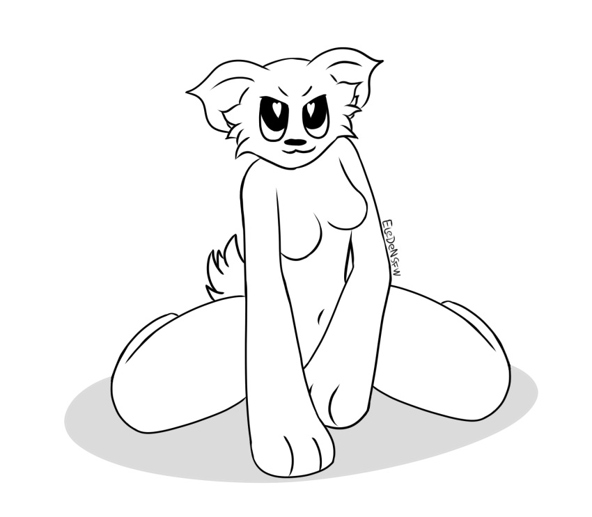 ambiguous_gender anthro big_pawpads canid canine canis caty cute_face domestic_dog eledensfw female fur hi_res looking_at_viewer mammal monochrome simple_eyes smile solo spread_legs spreading white_body white_fur