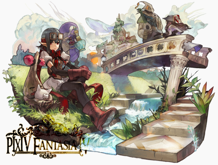 1boy 1girl 1other ambiguous_gender black_hair boots brown_hair copyright_name gloves goggles goggles_on_head grass hat long_hair nishihara_isao outdoors pixiv_fantasia pixiv_fantasia_4 pointy_ears puffy_short_sleeves puffy_sleeves red_eyes short_hair short_sleeves water