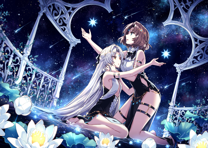 2girls arm_strap armpits bare_shoulders barefoot black_dress blue_eyes breasts brown_hair check_copyright circlet copyright_request dress dutch_angle flower kneeling long_hair multiple_girls nardack original outstretched_arm parted_lips pelvic_curtain shooting_star short_hair silver_hair sitting sky sleeveless sleeveless_dress small_breasts star_(sky) starry_sky thigh_strap thighs very_long_hair water white_flower yellow_eyes