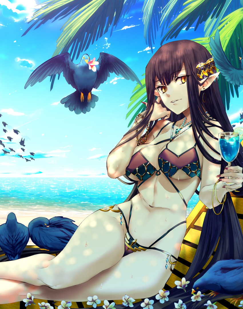 1girl adjusting_hair alcohol beach beach_chair bikini bird black_bikini black_bird black_hair blue_sky breasts cleavage clip_studio_paint_(medium) collarbone cup day drinking_glass earrings fate/grand_order fate_(series) flower hair_ornament highres holding holding_cup jewelry kuroaki large_breasts long_hair necklace palm_tree pointy_ears semiramis_(fate) sky slit_pupils solo swimsuit tree very_long_hair wine yellow_eyes
