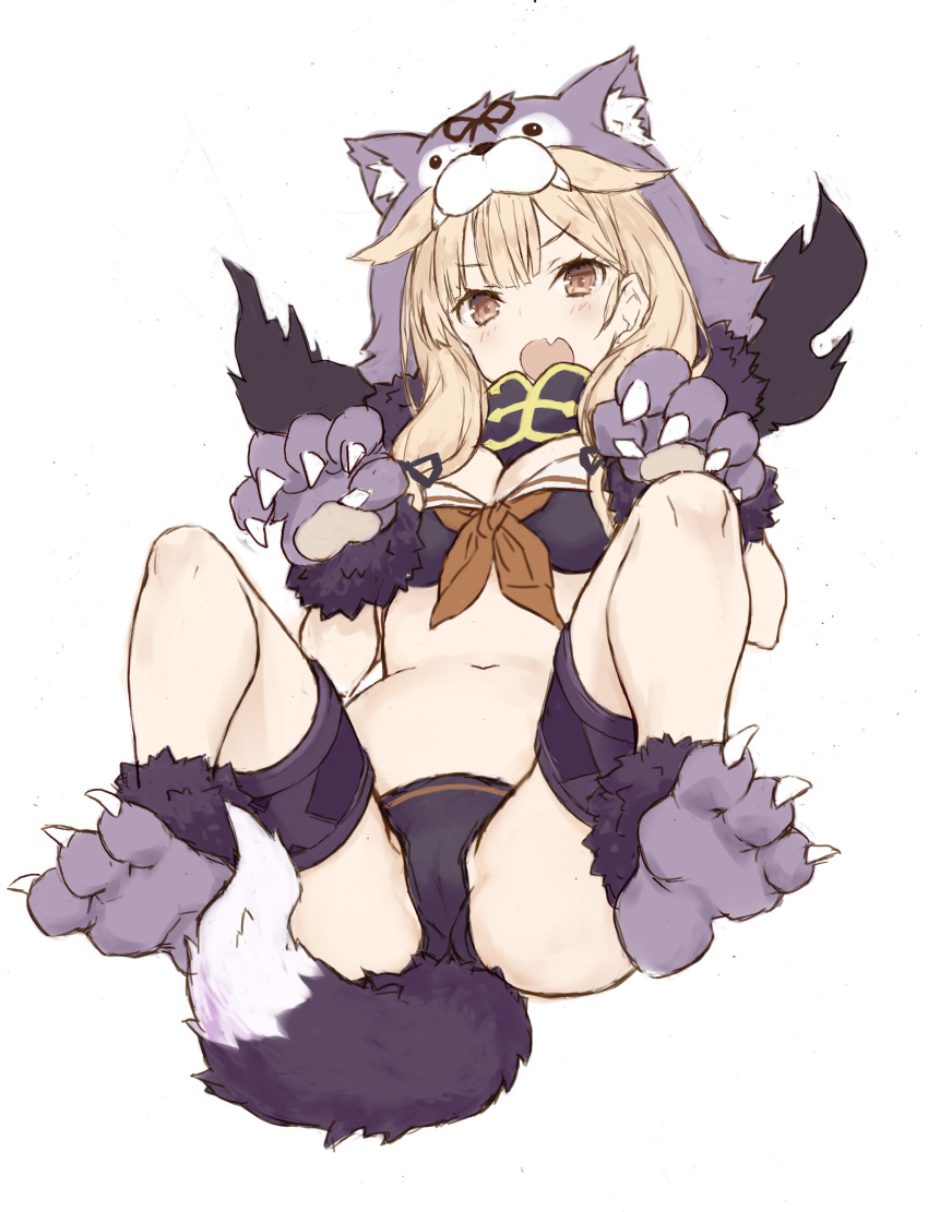 1girl absurdres animal_hood bikini black_bikini blonde_hair blush breasts dog_hood dog_paws dog_tail eyebrows_visible_through_hair fang goekawa hair_flaps highres hood kantai_collection large_breasts long_hair navel neckerchief open_mouth paws red_eyes red_neckwear remodel_(kantai_collection) sailor_bikini sailor_collar simple_background skin_fang solo swimsuit tail white_background yuudachi_(kantai_collection)