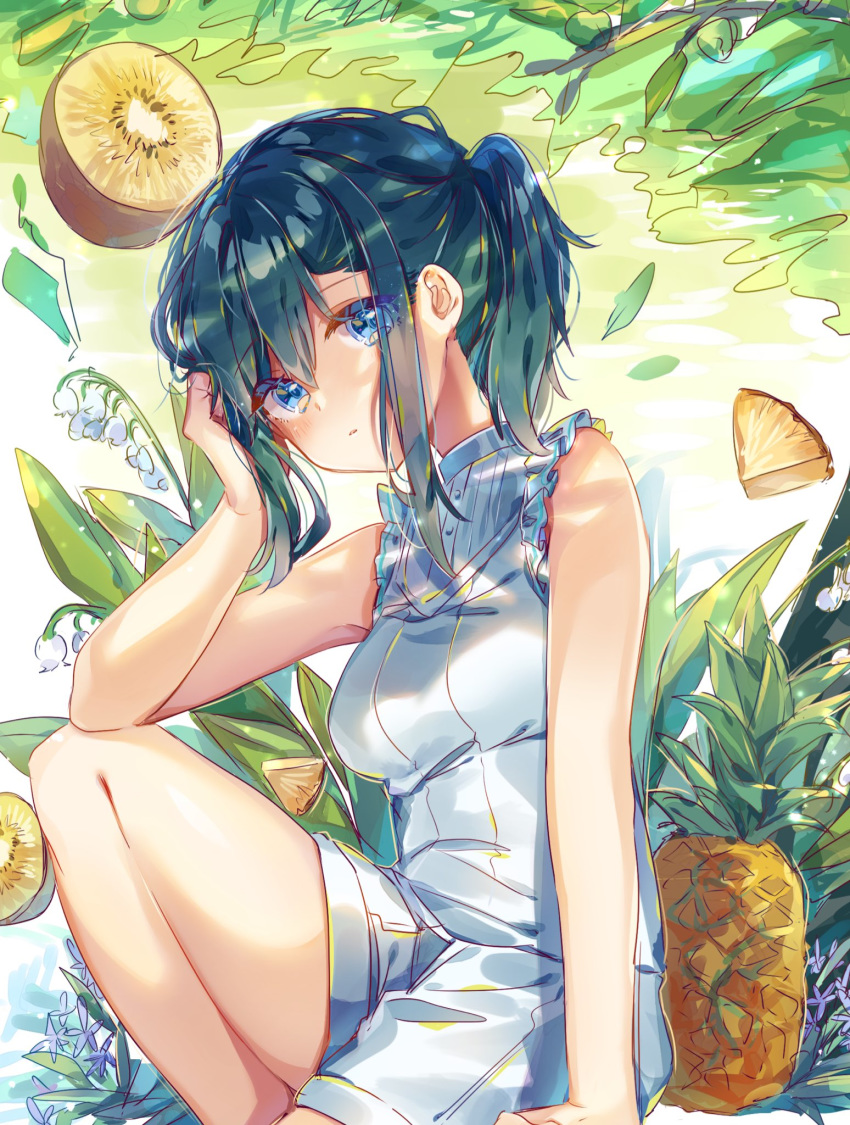 1girl ayatsuki_sugure bangs bird blue_eyes blush breasts clip_studio_paint_(medium) commentary eyebrows_visible_through_hair flower_request food fruit green_hair hair_between_eyes head_rest highres kiwi knee_up looking_at_viewer medium_breasts original pineapple shirt short_hair shorts sidelocks sleeveless sleeveless_shirt solo white_shirt